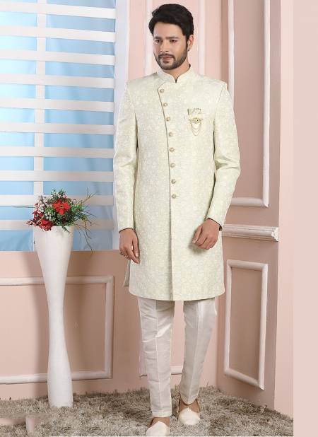 Pista Green Colour Party Wear Mens Jaquard Silk Indo Western Collection 1675